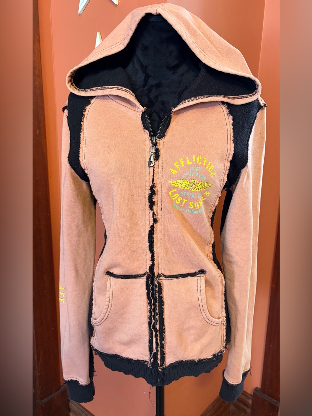 Affliction vintage Two-Tone distressed hem  Hooded Zip Jacket